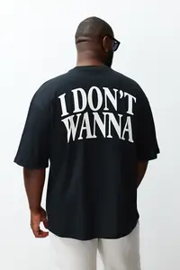 MAN Plus Size Black Oversized Text Printed 100% Cotton T-Shirt