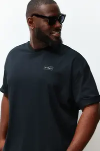 MAN Plus Size Black Oversized Text Printed 100% Cotton T-Shirt - Image 3