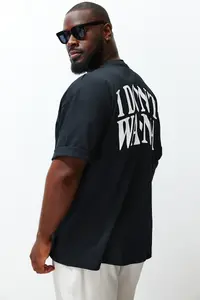 MAN Plus Size Black Oversized Text Printed 100% Cotton T-Shirt - Image 4