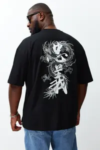 MAN Plus Size Black Oversized/Wide Cut Far East Printed 100% Cotton T-Shirt