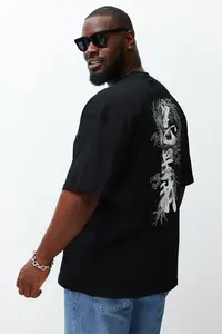MAN Plus Size Black Oversized/Wide Cut Far East Printed 100% Cotton T-Shirt - Image 3