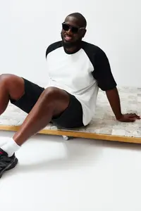 MAN Plus Size Ecru Oversized with pocket Color Bloklu 100% Cotton T-Shirt