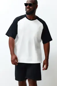 MAN Plus Size Ecru Oversized with pocket Color Bloklu 100% Cotton T-Shirt - Image 2