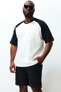 MAN Plus Size Ecru Oversized with pocket Color Bloklu 100% Cotton T-Shirt - Image 3