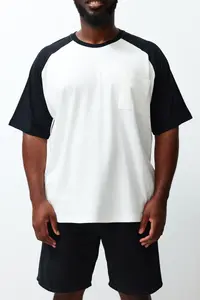 MAN Plus Size Ecru Oversized with pocket Color Bloklu 100% Cotton T-Shirt - Image 5