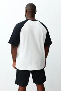 MAN Plus Size Ecru Oversized with pocket Color Bloklu 100% Cotton T-Shirt - Image 6