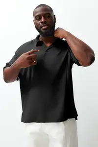 MAN Premium Plus Size Black Oversized textured ottoman Polo Shirt Shirt Collar T-Shirt - Image 4