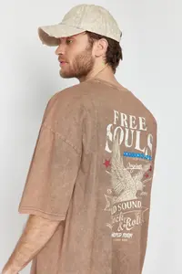 MAN Brown Oversized/Wide Cut Faded Effect Eagle Printed 100% Cotton T-Shirt