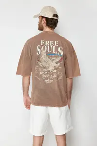 MAN Brown Oversized/Wide Cut Faded Effect Eagle Printed 100% Cotton T-Shirt - Image 6