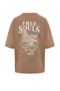 MAN Brown Oversized/Wide Cut Faded Effect Eagle Printed 100% Cotton T-Shirt - Image 7