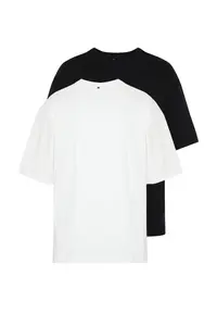 MAN Black-Ecru Oversized 2 Sets Paket Basic 100% Cotton T-Shirt - Image 2
