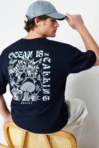 MAN Navy Blue Oversized/Wide Cut Back Raised Text Printed 100% Cotton T-Shirt