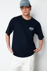 MAN Navy Blue Oversized/Wide Cut Back Raised Text Printed 100% Cotton T-Shirt - Image 2