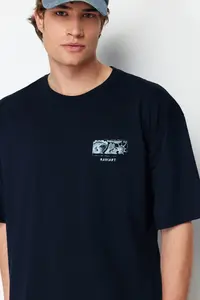 MAN Navy Blue Oversized/Wide Cut Back Raised Text Printed 100% Cotton T-Shirt - Image 3