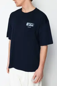 MAN Navy Blue Oversized/Wide Cut Back Raised Text Printed 100% Cotton T-Shirt - Image 4
