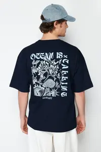 MAN Navy Blue Oversized/Wide Cut Back Raised Text Printed 100% Cotton T-Shirt - Image 5