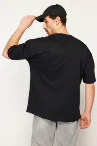 MAN Black Oversized/Wide Cut Deer Embroidered 100% T-Shirt - Image 2