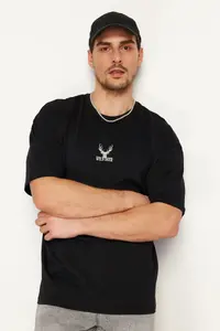 MAN Black Oversized/Wide Cut Deer Embroidered 100% T-Shirt - Image 4