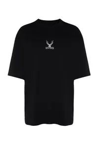 MAN Black Oversized/Wide Cut Deer Embroidered 100% T-Shirt - Image 6
