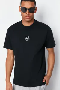 MAN Black Regular/Normal Kesim Kurt Embroidered 100% Cotton T-Shirt