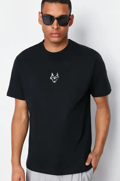 MAN Black Regular/Normal Kesim Kurt Embroidered 100% Cotton T-Shirt