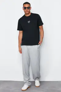 MAN Black Regular/Normal Kesim Kurt Embroidered 100% Cotton T-Shirt - Image 3