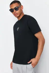 MAN Black Regular/Normal Kesim Kurt Embroidered 100% Cotton T-Shirt - Image 4