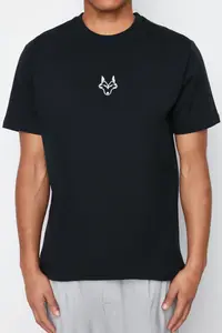 MAN Black Regular/Normal Kesim Kurt Embroidered 100% Cotton T-Shirt - Image 5