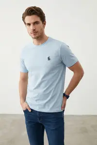 MAN Light Blue Regular Cut Horse Embroidery Detailed 100% Cotton T-Shirt