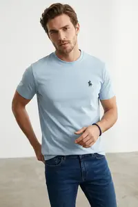 MAN Light Blue Regular Cut Horse Embroidery Detailed 100% Cotton T-Shirt - Image 2