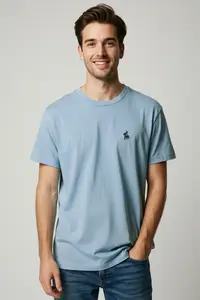 MAN Light Blue Regular Cut Horse Embroidery Detailed 100% Cotton T-Shirt - Image 3