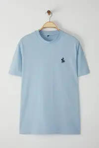 MAN Light Blue Regular Cut Horse Embroidery Detailed 100% Cotton T-Shirt - Image 4