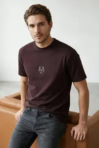 MAN Dark Brown Regular/Normal Kesim Kurt Embroidered 100% T-Shirt