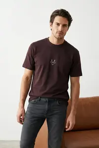 MAN Dark Brown Regular/Normal Kesim Kurt Embroidered 100% T-Shirt - Image 2