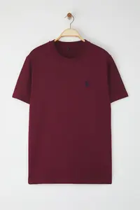 MAN Burgundy Regular Cut Embroidery Detailed 100% Cotton T-Shirt - Image 2