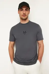 MAN Anthracite Regular/Normal Kesim Kurt Embroidered 100% Cotton T-Shirt - Image 3