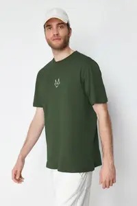 MAN Khaki Regular/Normal Kesim Kurt Embroidered 100% T-Shirt - Image 3