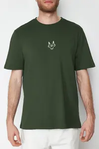 MAN Khaki Regular/Normal Kesim Kurt Embroidered 100% T-Shirt - Image 4