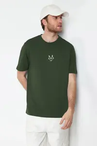 MAN Khaki Regular/Normal Kesim Kurt Embroidered 100% T-Shirt - Image 5