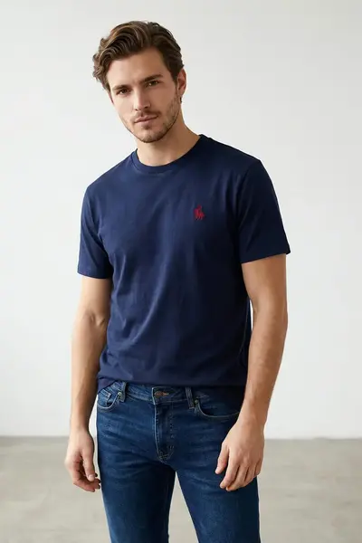 MAN Navy Blue Regular Cut Horse Embroidery Detailed 100% Cotton T-Shirt