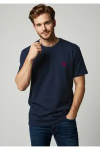 MAN Navy Blue Regular Cut Horse Embroidery Detailed 100% Cotton T-Shirt - Image 2