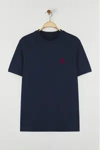 MAN Navy Blue Regular Cut Horse Embroidery Detailed 100% Cotton T-Shirt - Image 3