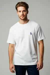 MAN White Regular Cut Horse Embroidery Detailed 100% Cotton T-Shirt