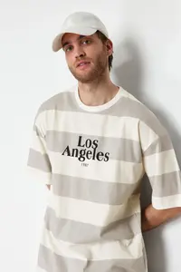 MAN Stone Oversized/Wide Cut Striped City Printed 100% Cotton T-Shirt - Image 3