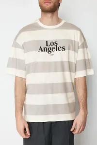 MAN Stone Oversized/Wide Cut Striped City Printed 100% Cotton T-Shirt - Image 4