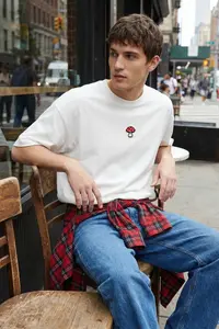 MAN Ecru Unisex Oversized/Wide Cut Mushroom Embroidered 100% Cotton T-Shirt