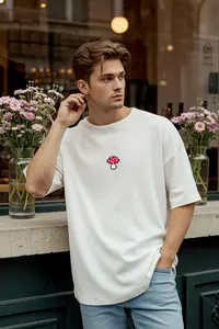 MAN Ecru Unisex Oversized/Wide Cut Mushroom Embroidered 100% Cotton T-Shirt - Image 2