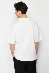 MAN Ecru Unisex Oversized/Wide Cut Mushroom Embroidered 100% Cotton T-Shirt - Image 3