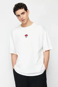 MAN Ecru Unisex Oversized/Wide Cut Mushroom Embroidered 100% Cotton T-Shirt - Image 5