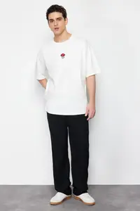 MAN Ecru Unisex Oversized/Wide Cut Mushroom Embroidered 100% Cotton T-Shirt - Image 6
